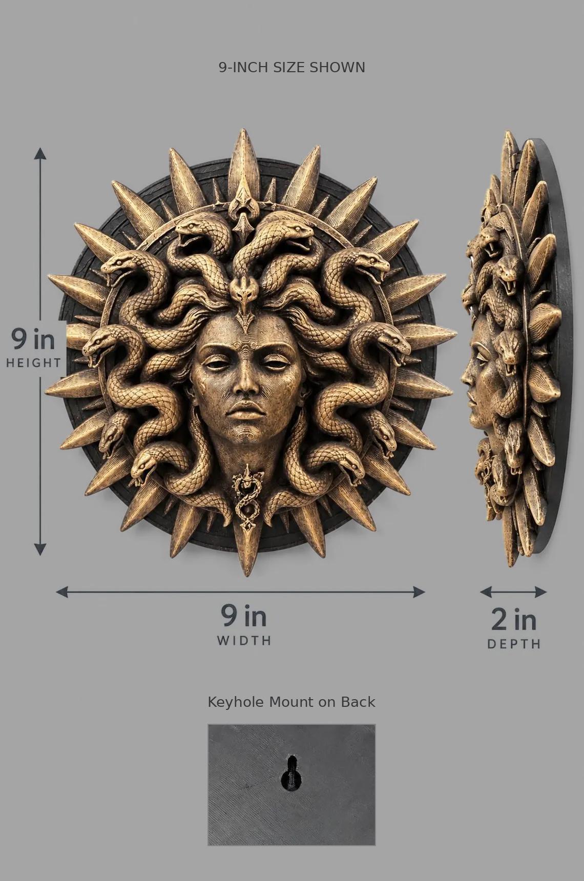 Dimension diagram of the 9 in. Medusa medallion with keyhole mount detail