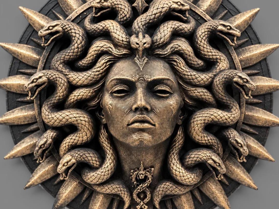 Angled close view of the gold Medusa medallion showing serpent relief