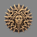 Front view of antique gold Medusa sunburst medallion with coiled serpents and spikes