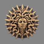 Front view of antique gold Medusa sunburst medallion with coiled serpents and spikes