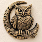 Front view of antique gold owl perched on a branch inside a cratered crescent moon