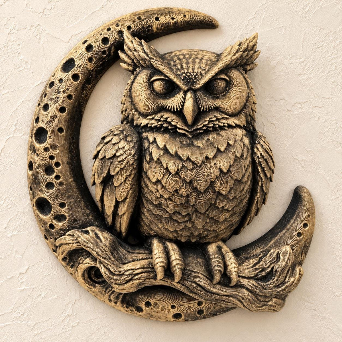 Front view of antique gold owl perched on a branch inside a cratered crescent moon