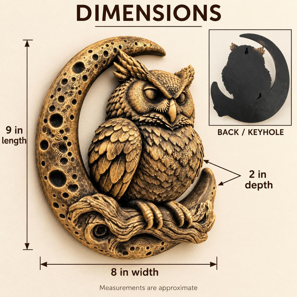 Dimension graphic of the owl and moon sculpture: 9 in. by 8 in., 2 in. deep