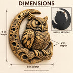 Dimension graphic of the owl and moon sculpture: 9 in. by 8 in., 2 in. deep