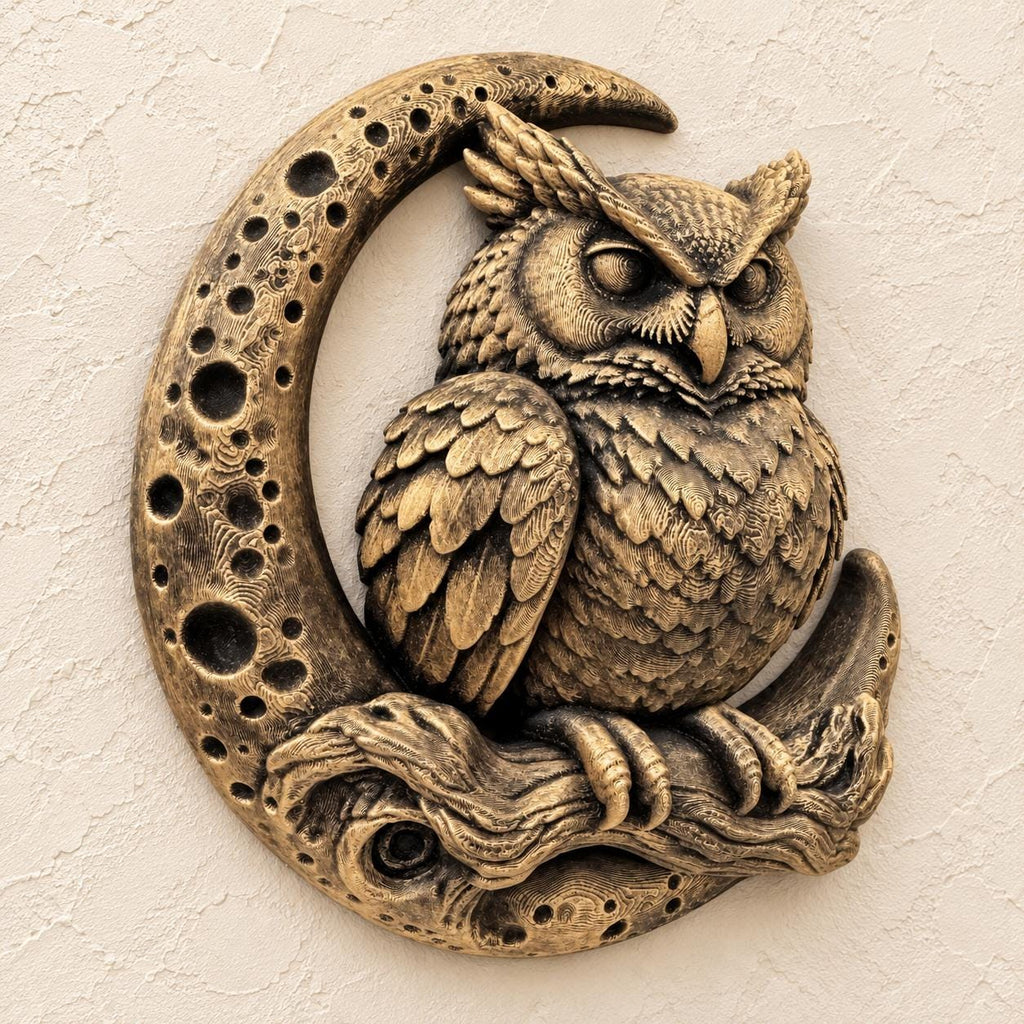 Right angle of the owl crescent moon sculpture showing feather detail