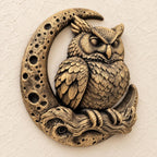 Right angle of the owl crescent moon sculpture showing feather detail