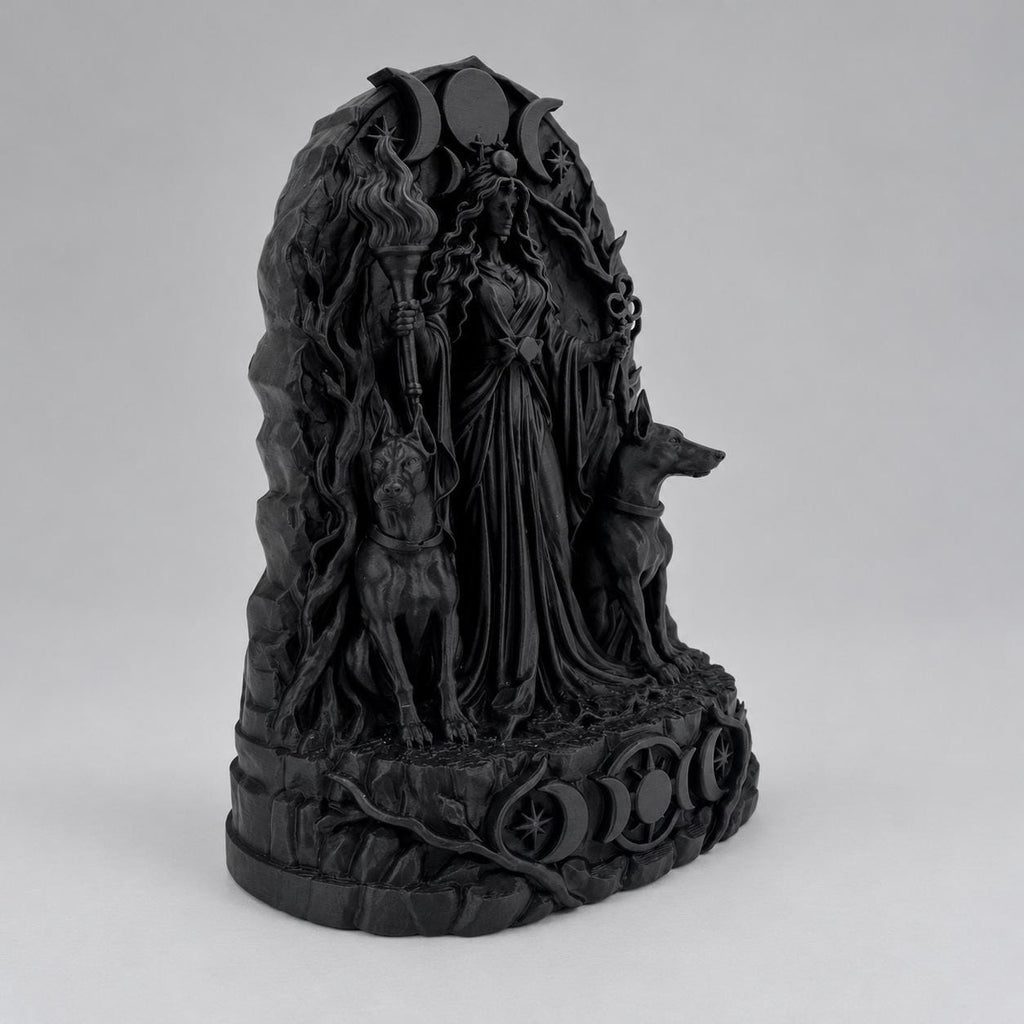 Side angle of the black Hecate statue showing hound and branch detail
