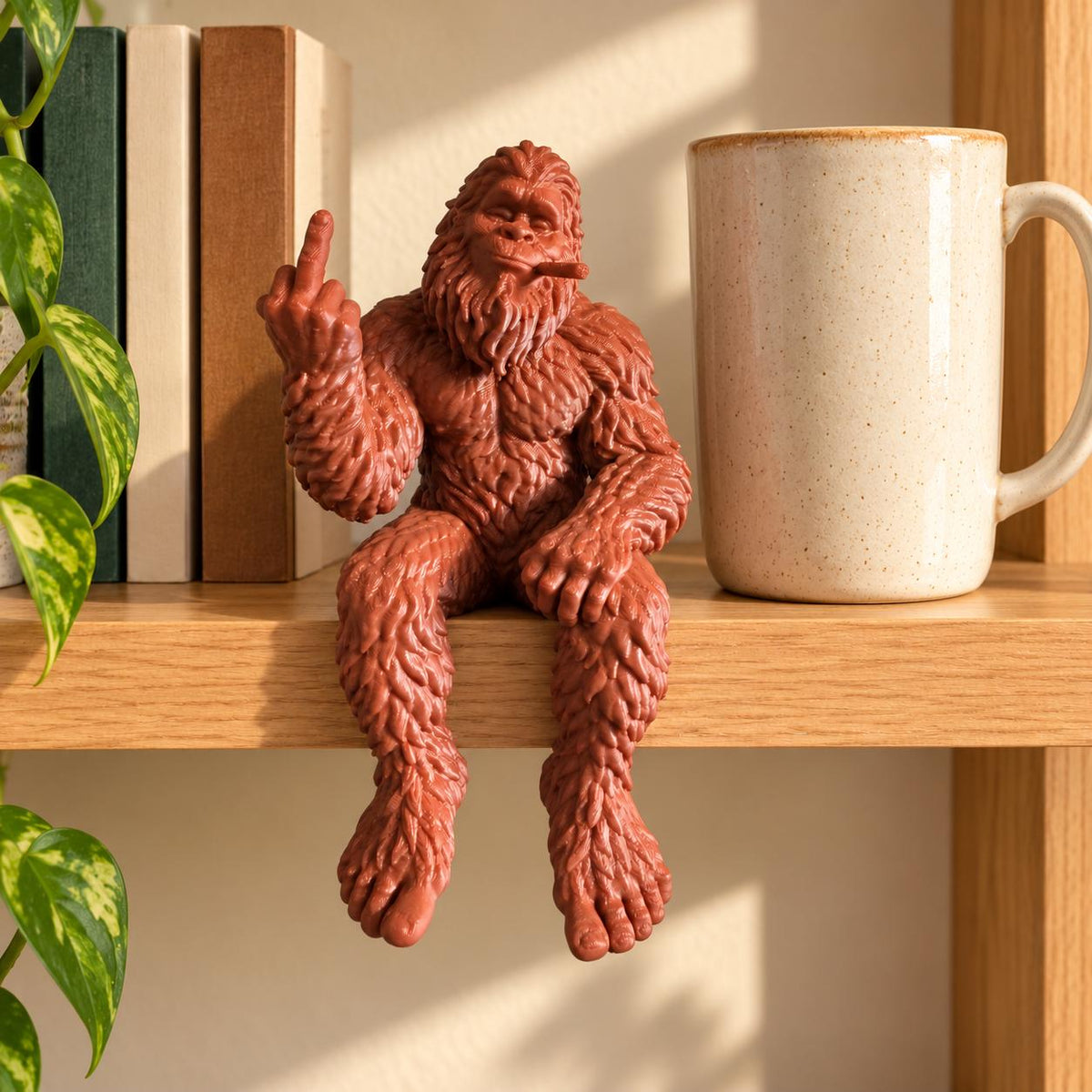 Bigfoot shelf sitter sitting on a shelf edge with legs hanging over