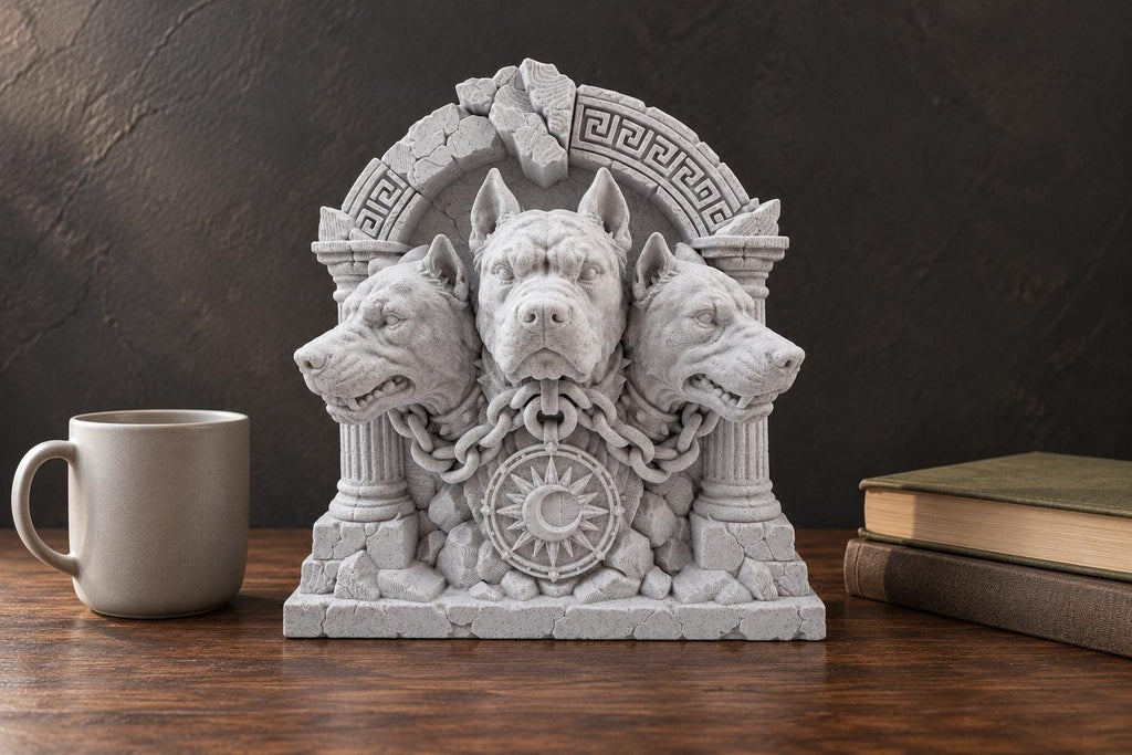 Cerberus sculpture on a wooden shelf beside a mug and books