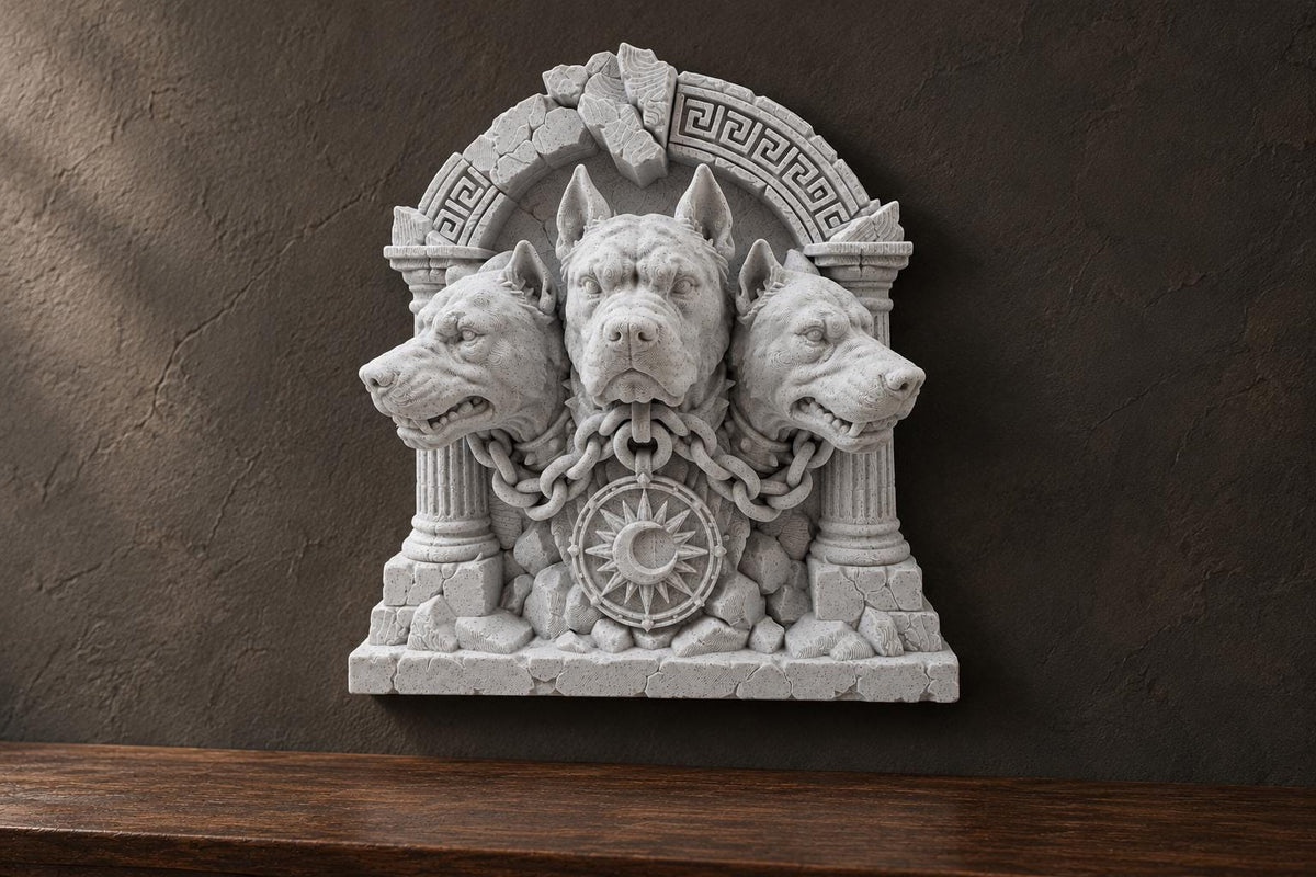 Slight angle of the three-headed dog relief showing chains and sun medallion