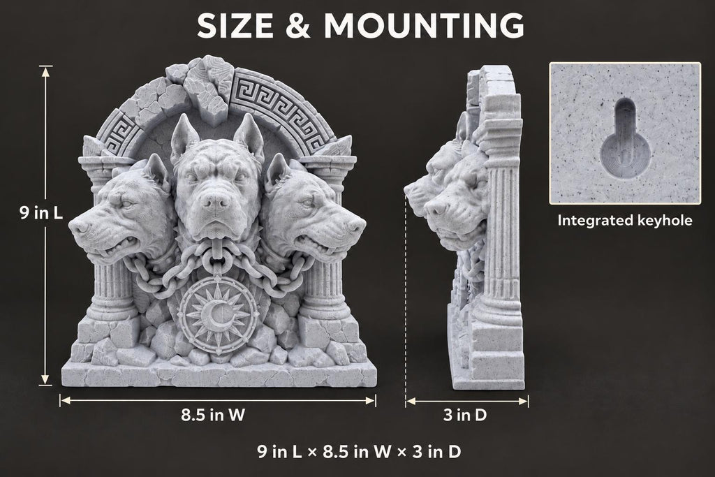 Size diagram of the Cerberus sculpture: 9 in. tall, 8.5 in. wide, 3 in. deep