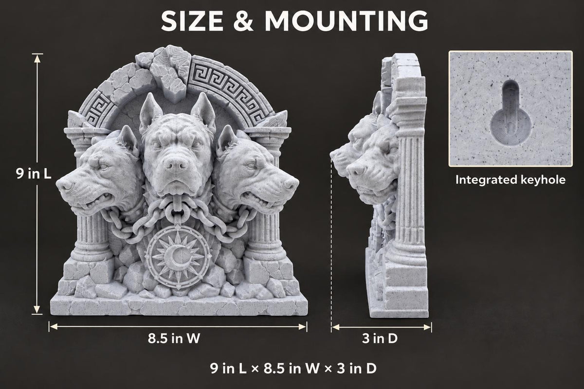 Size diagram of the Cerberus sculpture: 9 in. tall, 8.5 in. wide, 3 in. deep