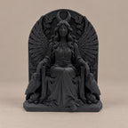 Front view of black Lilith goddess statue seated between two owls under a crescent moon