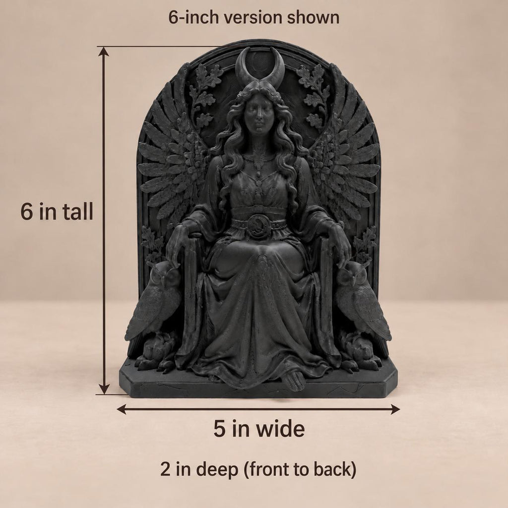 Dimension photo of the 6 in. Lilith statue: 6 in. tall, 5 in. wide, 2 in. deep