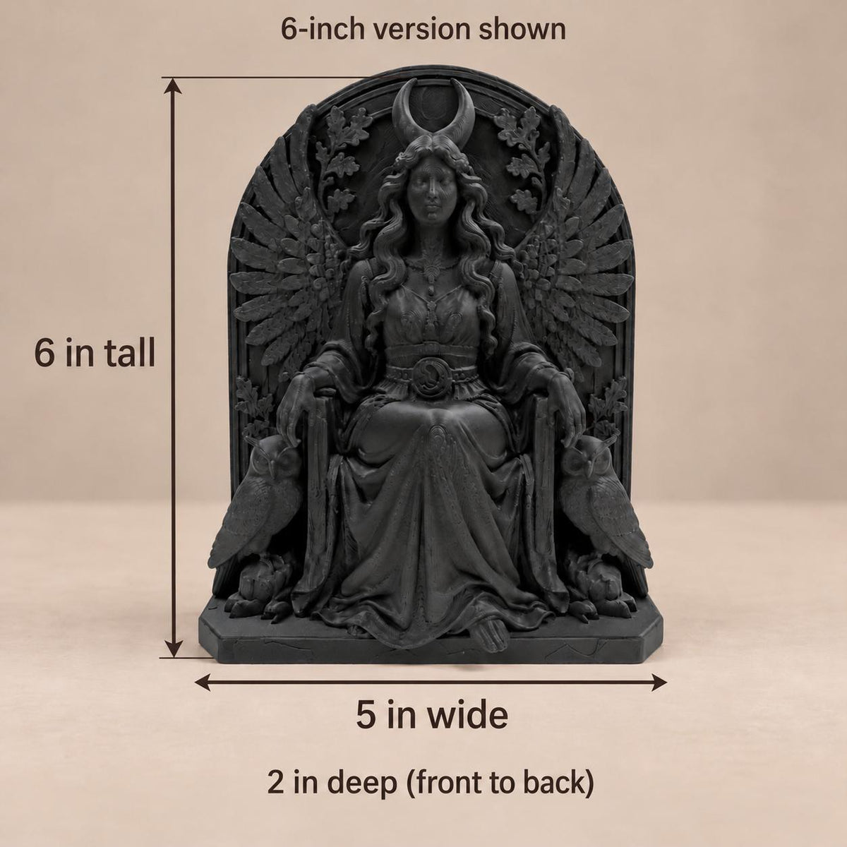Dimension photo of the 6 in. Lilith statue: 6 in. tall, 5 in. wide, 2 in. deep