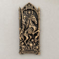 Front view of hand-painted gold Death XIII tarot relief with skeletal horse in a gothic arch