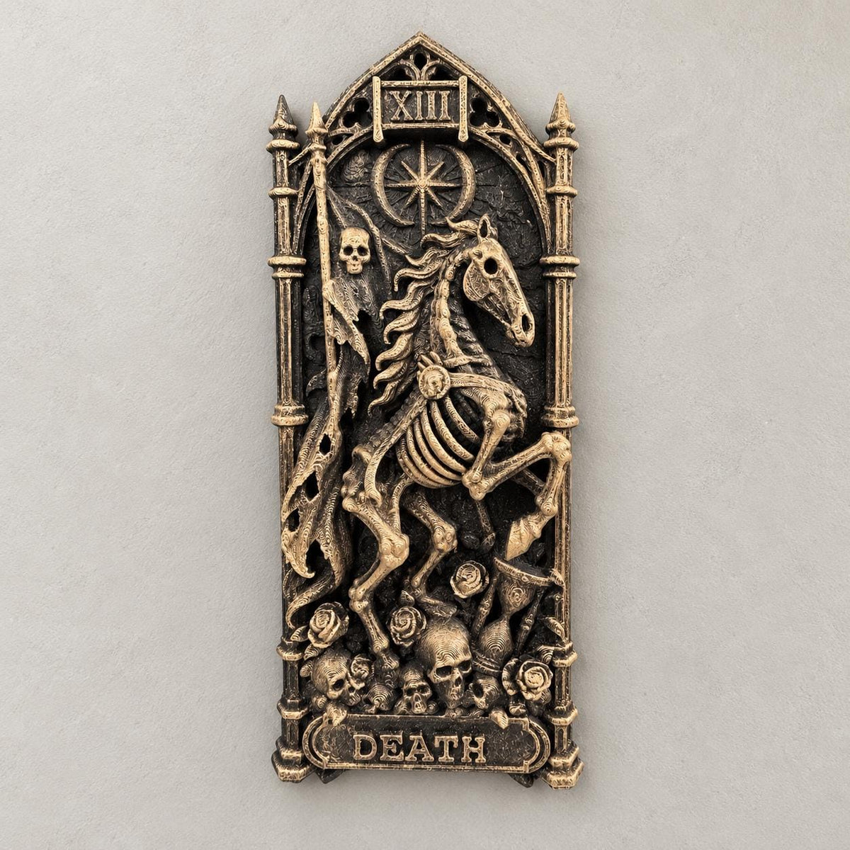 Front view of hand-painted gold Death XIII tarot relief with skeletal horse in a gothic arch