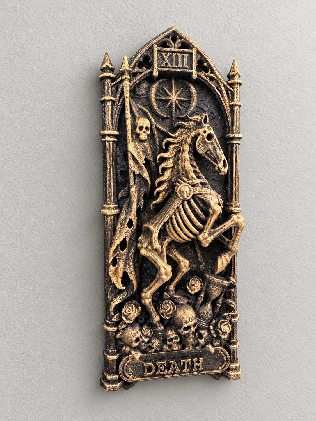Right angle of the tarot Death relief showing the skeletal rider and banner