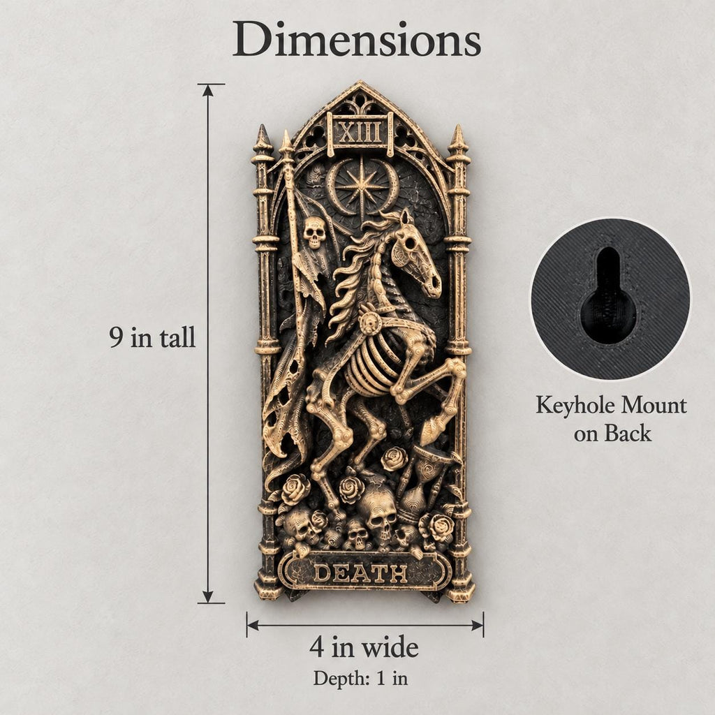Dimension diagram of the Death XIII relief: 9 in. tall, 4 in. wide, 1 in. deep