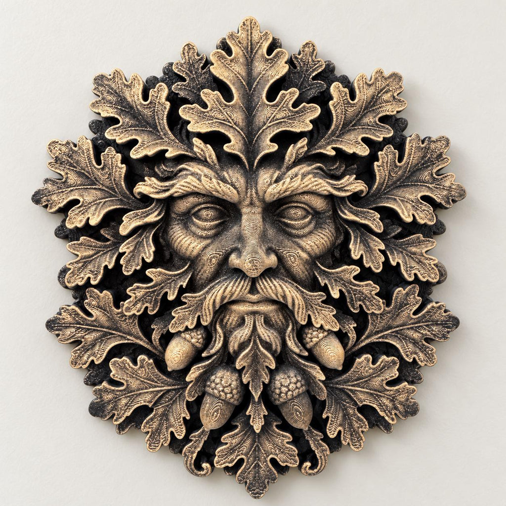 Hand-painted gold Green Man wall sculpture with oak leaves and acorns