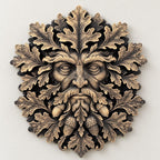 Hand-painted gold Green Man wall sculpture with oak leaves and acorns