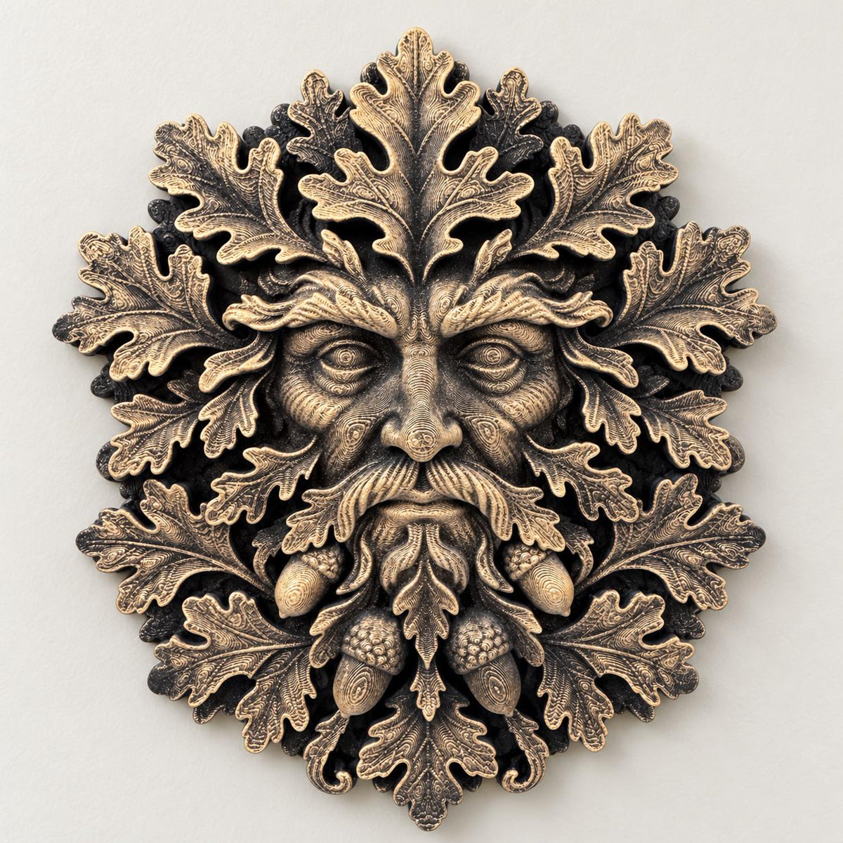 Hand-painted gold Green Man wall sculpture with oak leaves and acorns