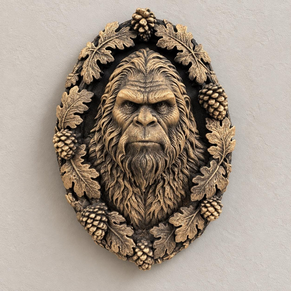 Bigfoot oval portrait wall sculpture with oak leaf and pinecone frame