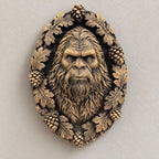 Bigfoot oval portrait wall sculpture with oak leaf and pinecone frame