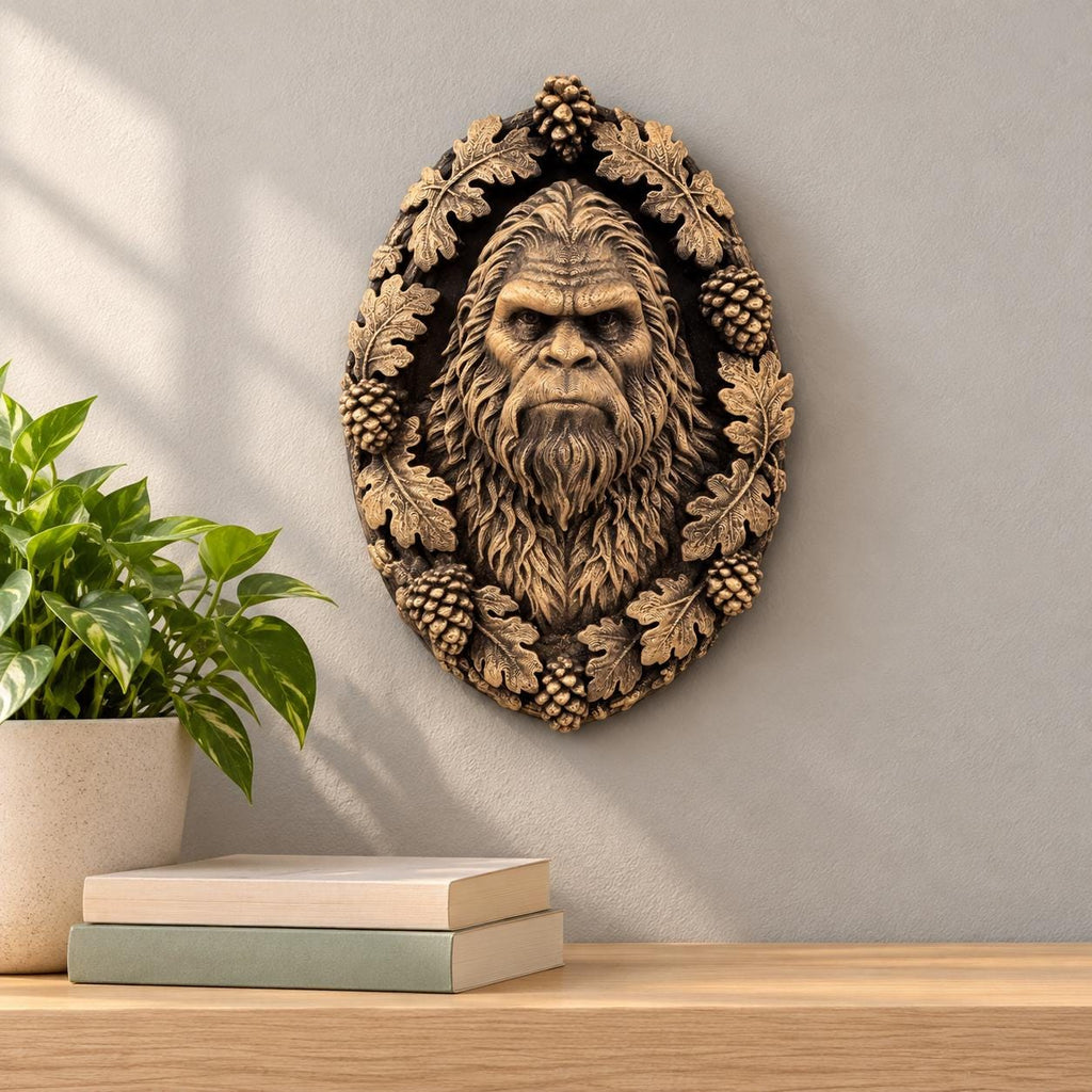 Sasquatch face wall sculpture in an ornate woodland oval border