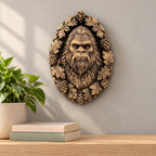 Sasquatch face wall sculpture in an ornate woodland oval border