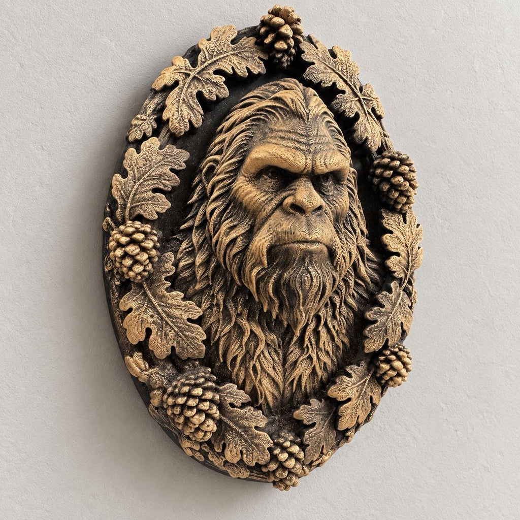 Close-up of sculpted Bigfoot face and leaf detail