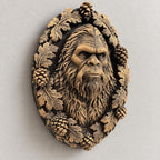 Close-up of sculpted Bigfoot face and leaf detail