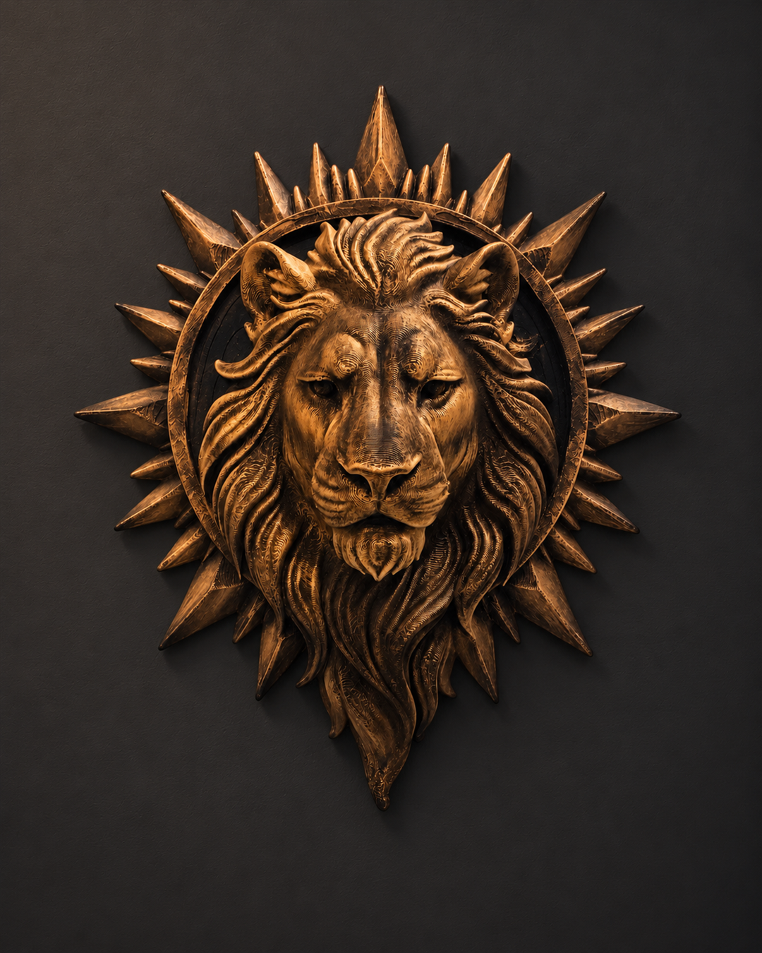 Regal Sunburst Lion Head wall sculpture in hand-finished antique gold, front view on a charcoal wall