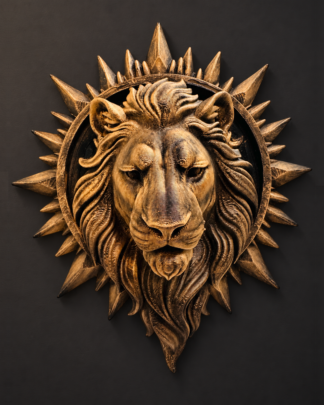 Close-up detail of the lion face and antique gold metallic wax finish