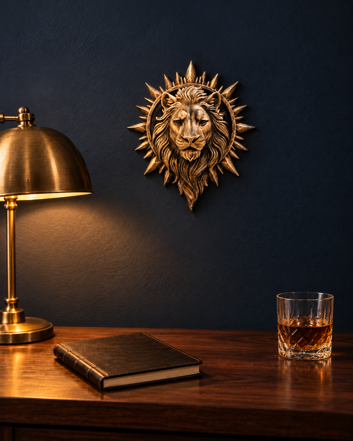 Sunburst lion wall sculpture hung above a walnut desk with a brass lamp in a home office