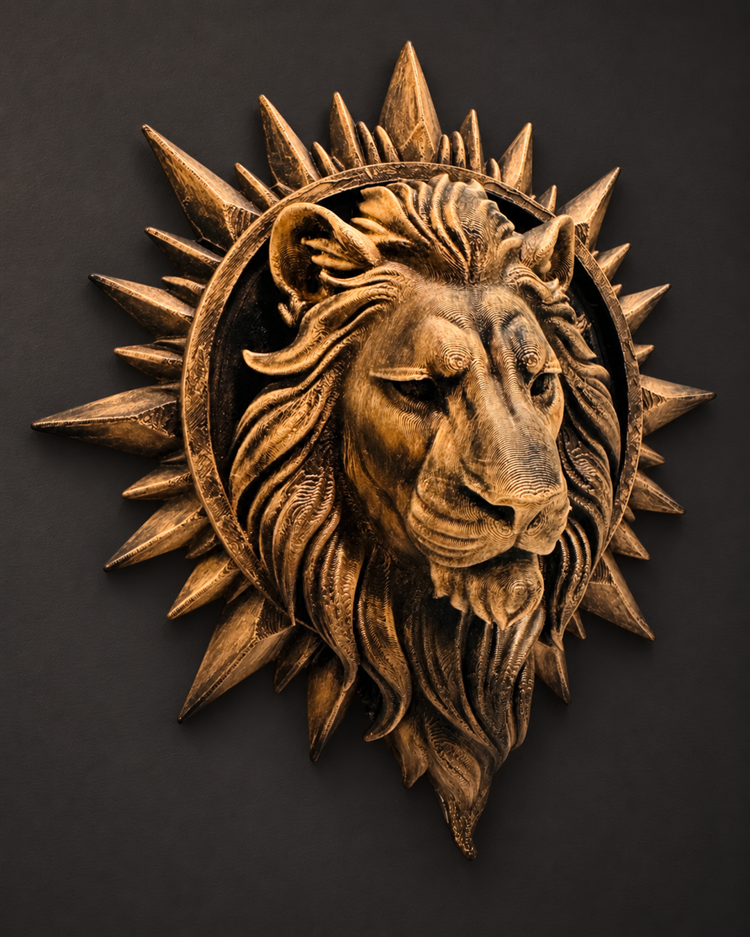 Angled view of the sunburst lion showing the sculpted depth of the mane and rays